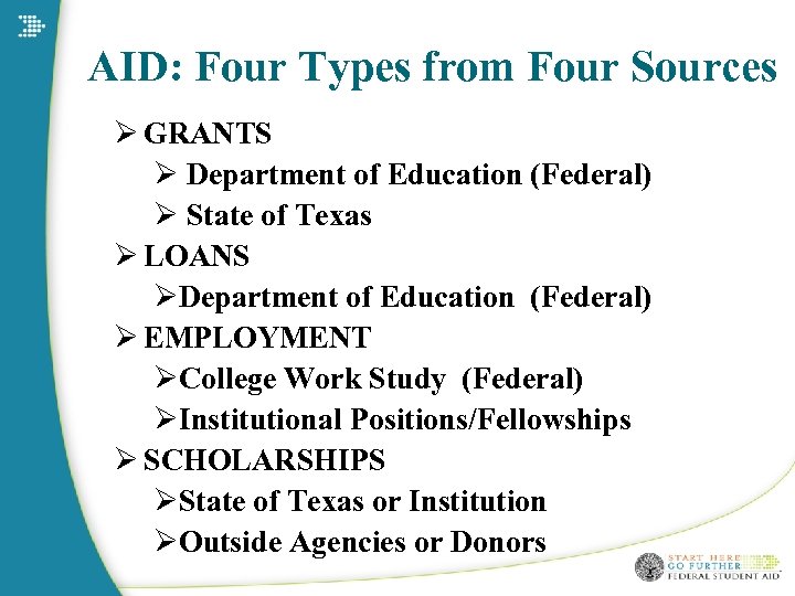 AID: Four Types from Four Sources Ø GRANTS Ø Department of Education (Federal) Ø