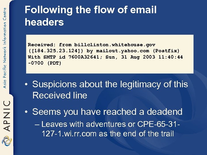 Following the flow of email headers Received: from billclinton. whitehouse. gov ([184. 325. 23.
