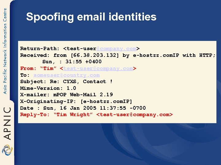 Spoofing email identities • Return-Path: <test-user@company. com> Received: from [66. 38. 203. 132] by