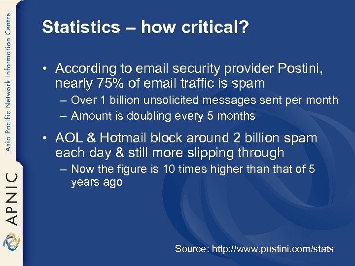 Statistics – how critical? • According to email security provider Postini, nearly 75% of