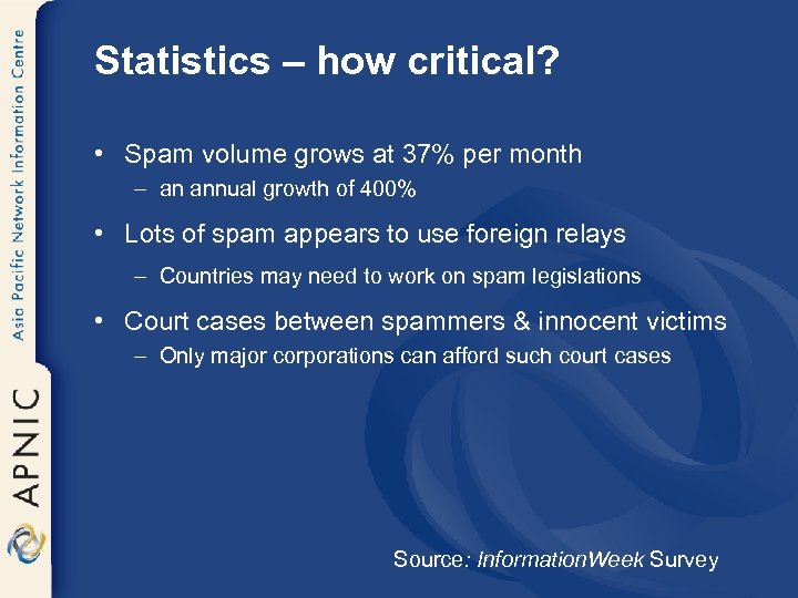 Statistics – how critical? • Spam volume grows at 37% per month – an