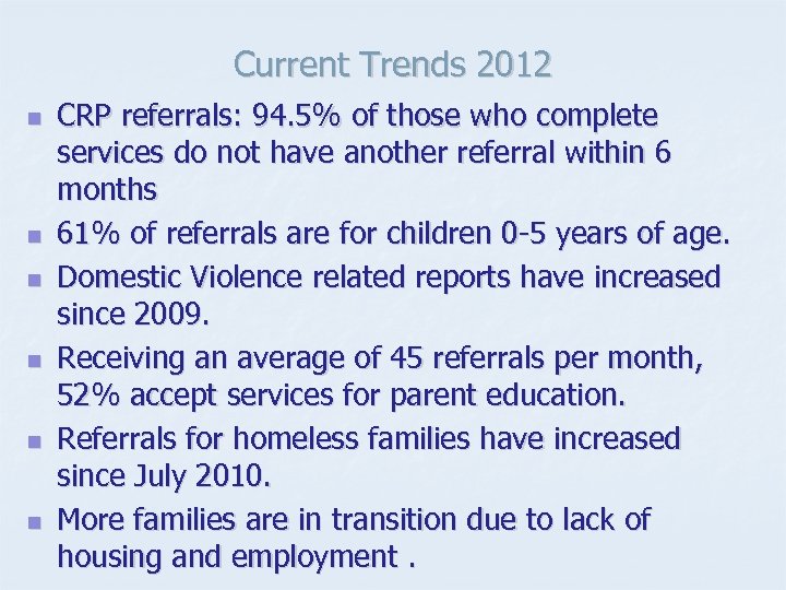 Current Trends 2012 n n n CRP referrals: 94. 5% of those who complete
