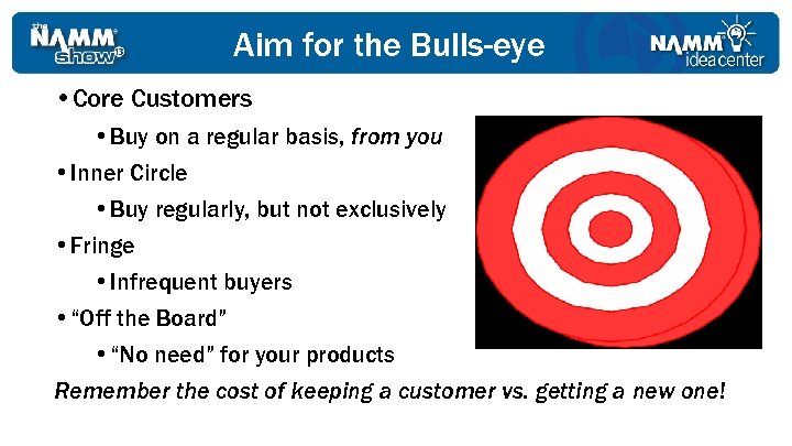 Aim for the Bulls-eye • Core Customers • Buy on a regular basis, from