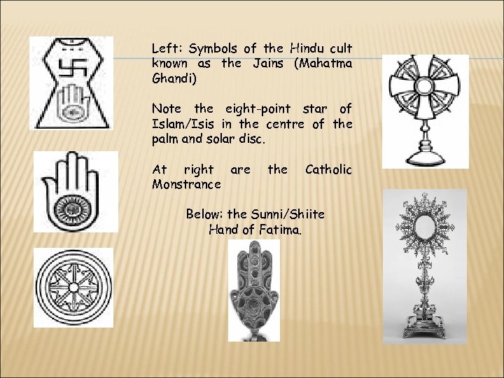 Left: Symbols of the Hindu cult known as the Jains (Mahatma Ghandi) Note the