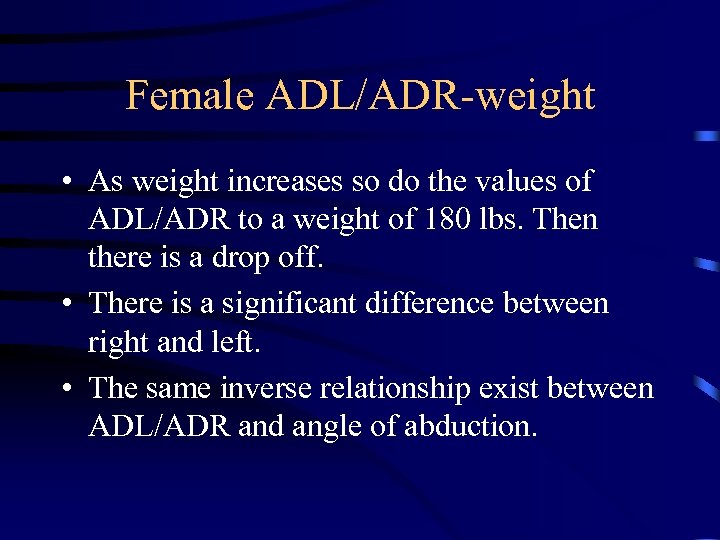 Female ADL/ADR-weight • As weight increases so do the values of ADL/ADR to a