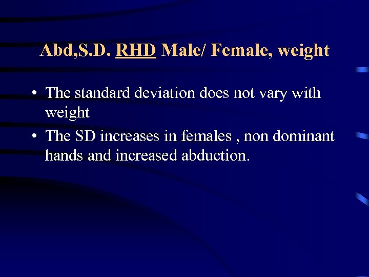 Abd, S. D. RHD Male/ Female, weight • The standard deviation does not vary