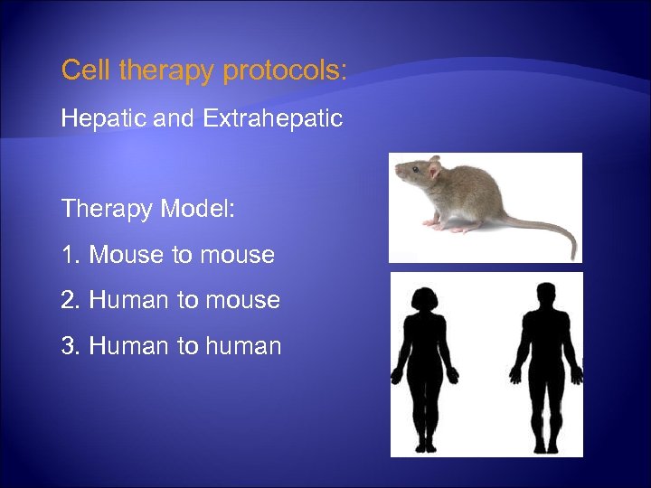 Cell therapy protocols: Hepatic and Extrahepatic Therapy Model: 1. Mouse to mouse 2. Human