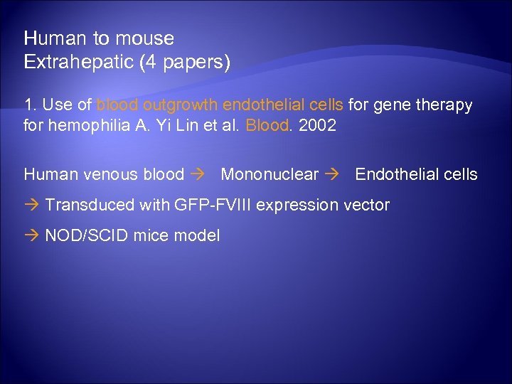 Human to mouse Extrahepatic (4 papers) 1. Use of blood outgrowth endothelial cells for