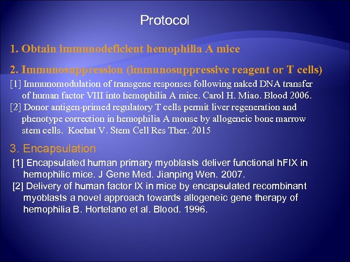 Protocol 1. Obtain immunodeficient hemophilia A mice 2. Immunosuppression (immunosuppressive reagent or T cells)