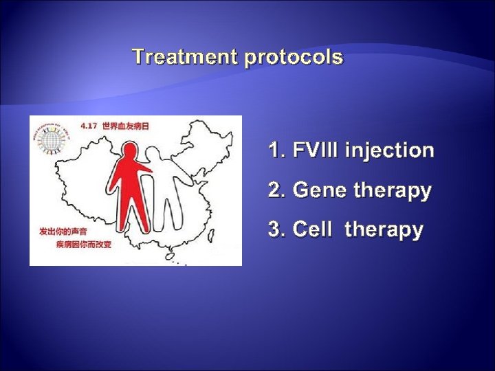 Treatment protocols 1. FVIII injection 2. Gene therapy 3. Cell therapy 