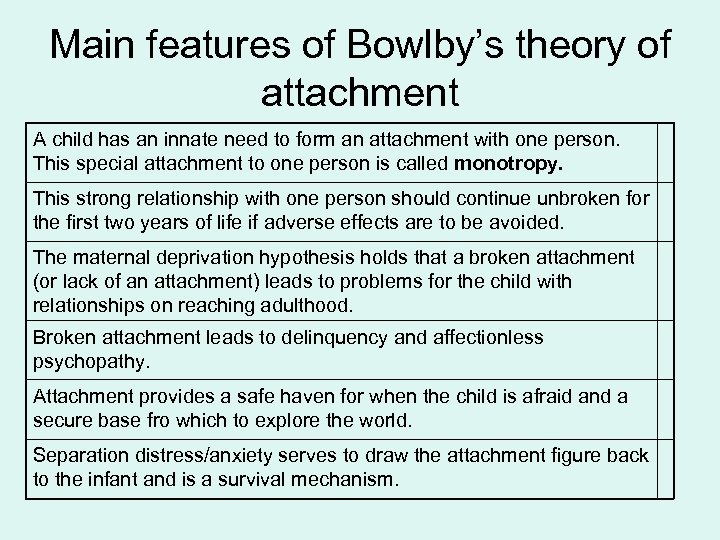 Main features of Bowlby’s theory of attachment A child has an innate need to