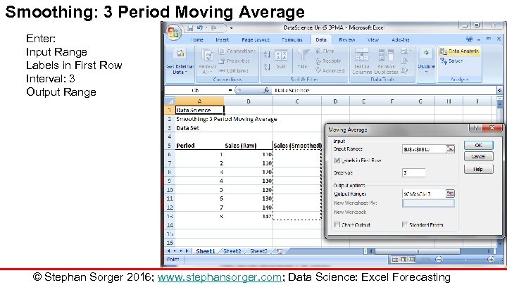Smoothing: 3 Period Moving Average Enter: Input Range Labels in First Row Interval: 3