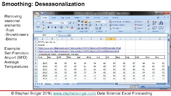 Smoothing: Deseasonalization Removing seasonal elements: -Toys -Snowblowers -Bikinis Example: San Francisco Airport (SFO) Average