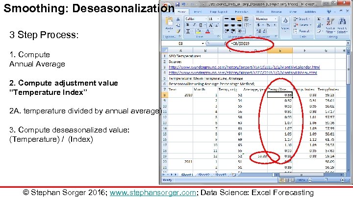 Smoothing: Deseasonalization 3 Step Process: 1. Compute Annual Average 2. Compute adjustment value “Temperature