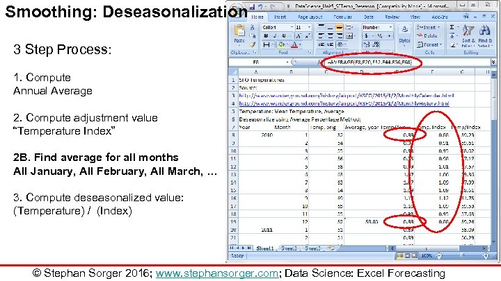 Smoothing: Deseasonalization 3 Step Process: 1. Compute Annual Average 2. Compute adjustment value “Temperature