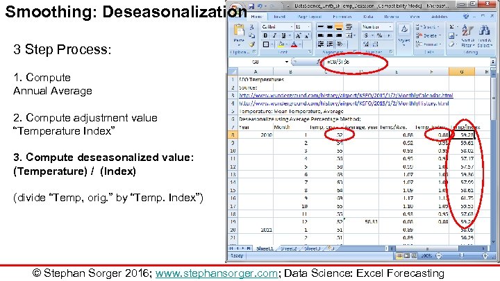 Smoothing: Deseasonalization 3 Step Process: 1. Compute Annual Average 2. Compute adjustment value “Temperature