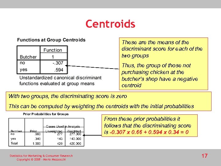 Centroids These are the means of the discriminant score for each of the two