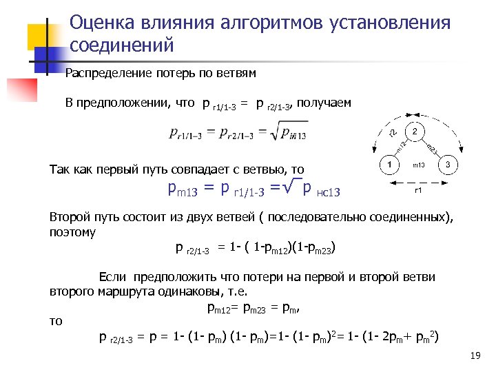 Оценка влияния алгоритмов установления соединений Распределение потерь по ветвям В предположении, что p r