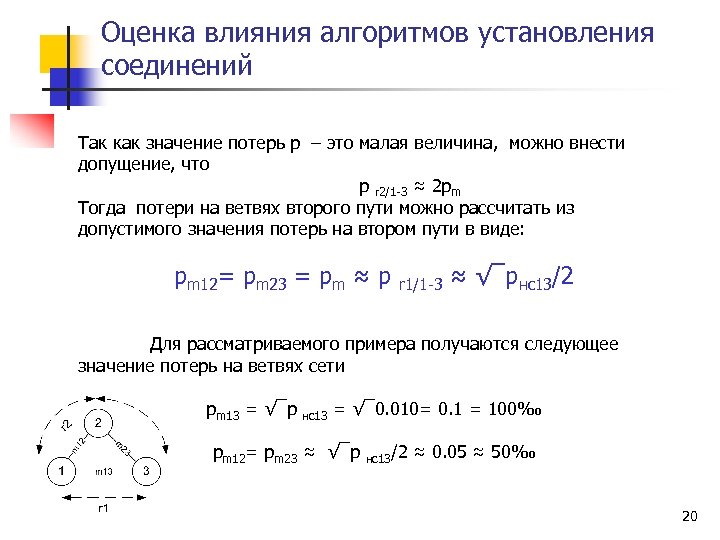 Оценка влияния алгоритмов установления соединений Так как значение потерь р – это малая величина,