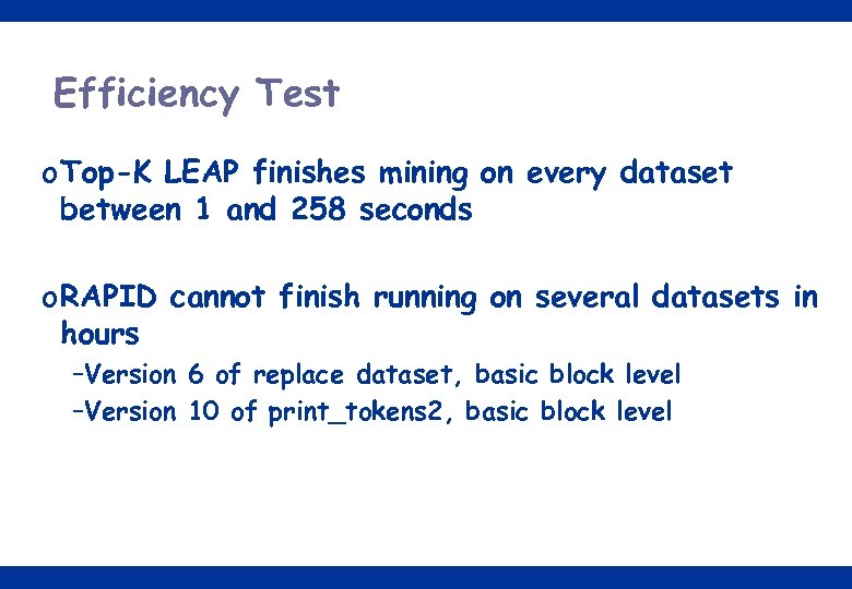 Efficiency Test o Top-K LEAP finishes mining on every dataset between 1 and 258