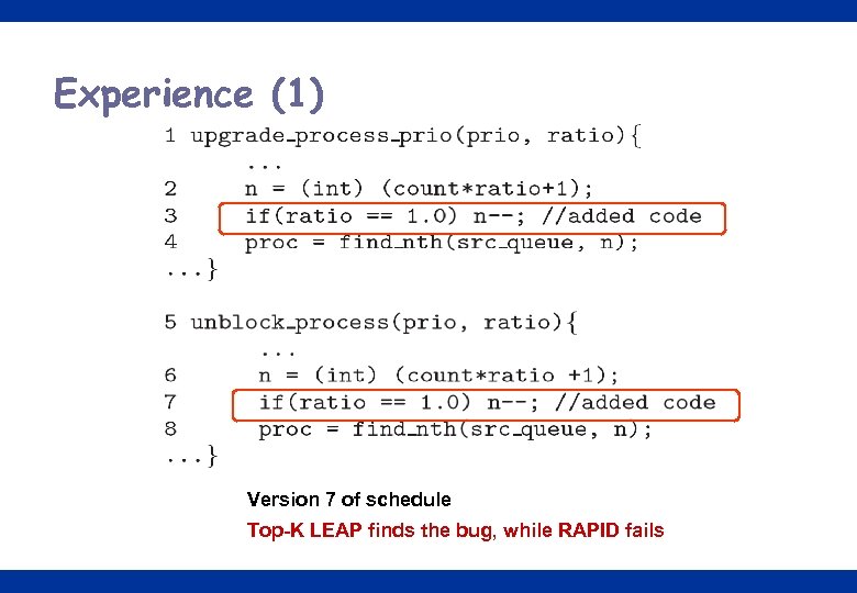 Experience (1) Version 7 of schedule Top-K LEAP finds the bug, while RAPID fails