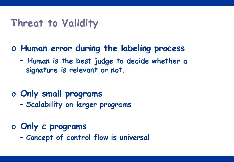 Threat to Validity o Human error during the labeling process – Human is the