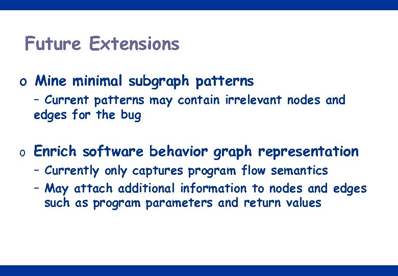 Future Extensions o Mine minimal subgraph patterns – Current patterns may contain irrelevant nodes