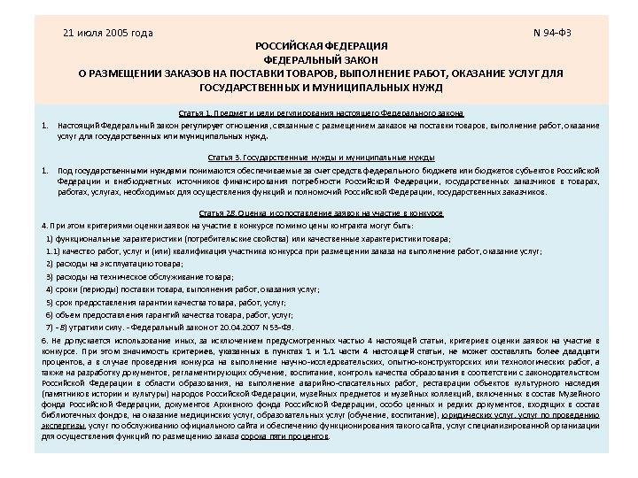21 июля 2005 года N 94 -ФЗ РОССИЙСКАЯ ФЕДЕРАЦИЯ ФЕДЕРАЛЬНЫЙ ЗАКОН О РАЗМЕЩЕНИИ ЗАКАЗОВ