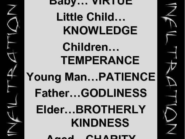 Baby… VIRTUE Little Child… KNOWLEDGE Children… TEMPERANCE Young Man…PATIENCE Father…GODLINESS Elder…BROTHERLY KINDNESS 