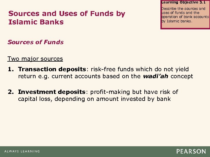 Learning Objective 3. 1 Sources and Uses of Funds by Islamic Banks Describe the