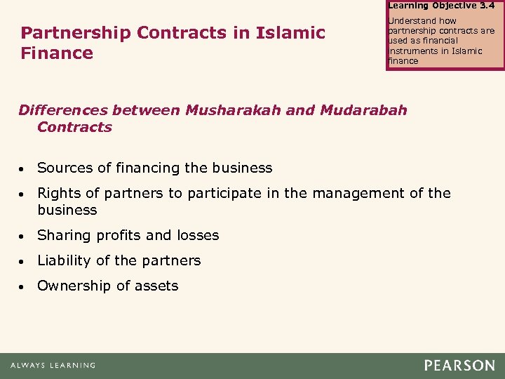 Learning Objective 3. 4 Partnership Contracts in Islamic Finance Understand how partnership contracts are