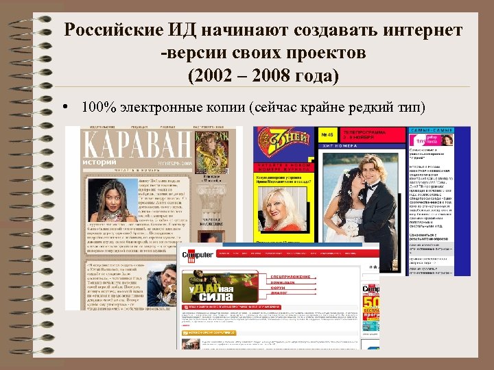 Российские ИД начинают создавать интернет -версии своих проектов (2002 – 2008 года) • 100%