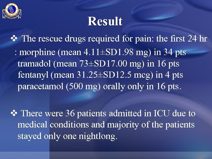 Result v The rescue drugs required for pain: the first 24 hr : morphine