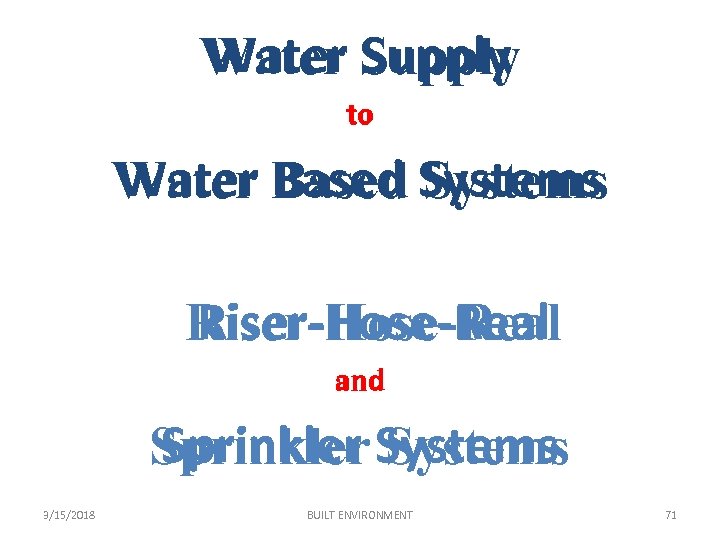 Water Supply to Water Based Systems Riser-Hose-Real and Sprinkler Systems 3/15/2018 BUILT ENVIRONMENT 71