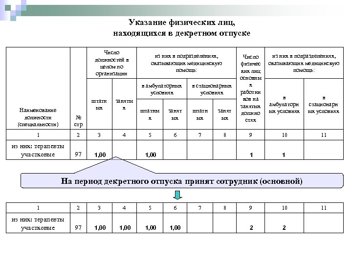 Указание физических лиц, находящихся в декретном отпуске Число должностей в целом по организации из