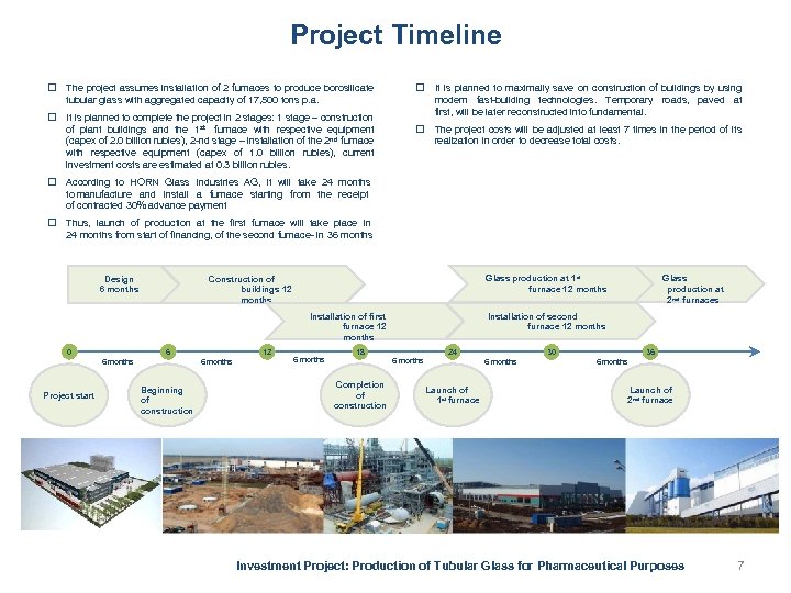 Project Timeline The project assumes installation of 2 furnaces to produce borosilicate It is