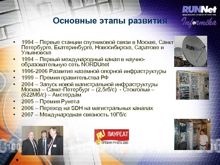 Основные этапы развития • • 1994 – Первые станции спутниковой связи в Москве, Санкт