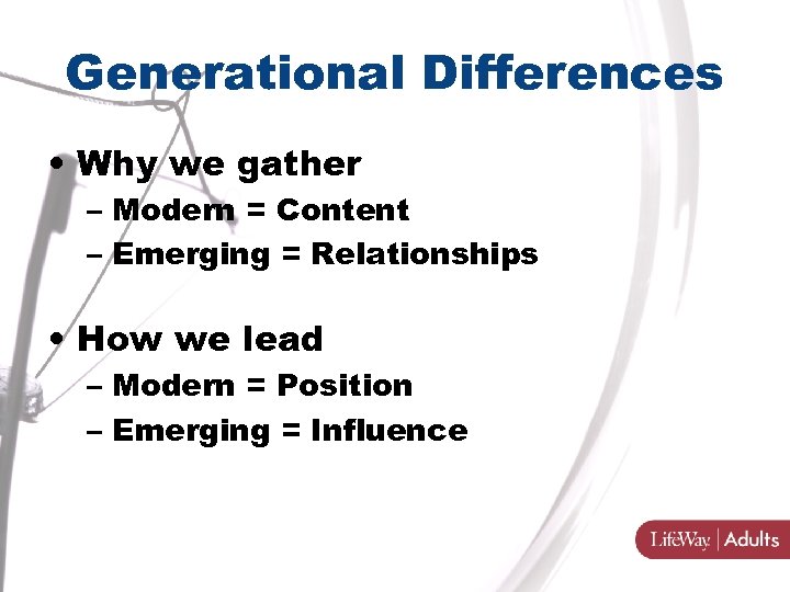 Generational Differences • Why we gather – Modern = Content – Emerging = Relationships