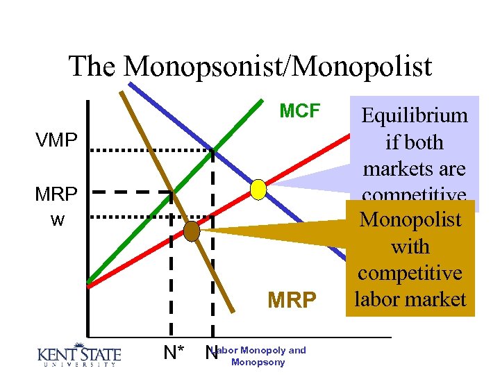 The Monopsonist/Monopolist MCF VMP MRP w MRP N* Labor Monopoly N Monopsony and Equilibrium