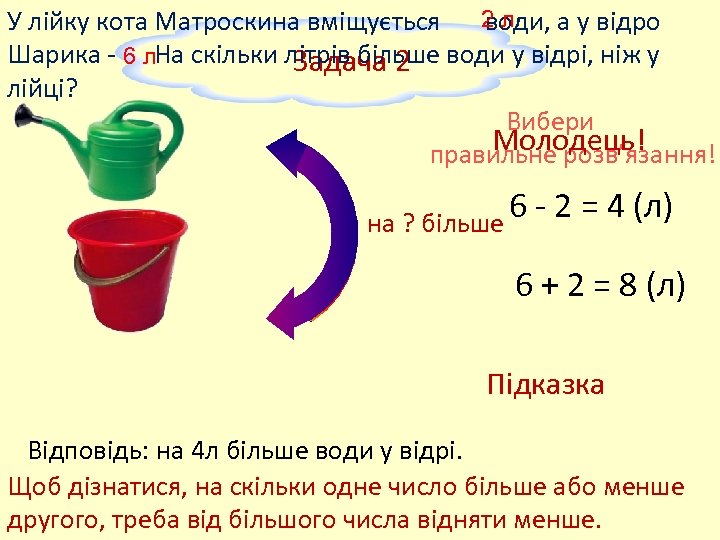 У лійку кота Матроскина вміщується 2 л води, а у відро Шарика - 6