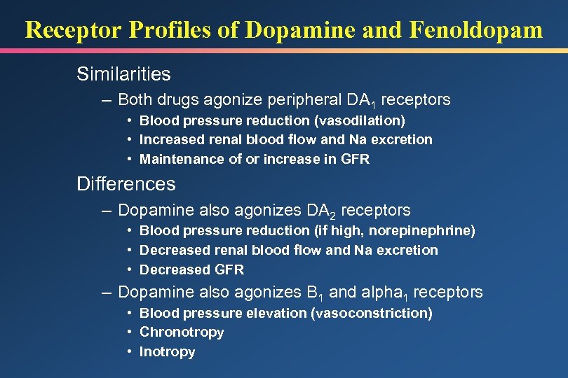 Receptor Profiles of Dopamine and Fenoldopam Similarities – Both drugs agonize peripheral DA 1