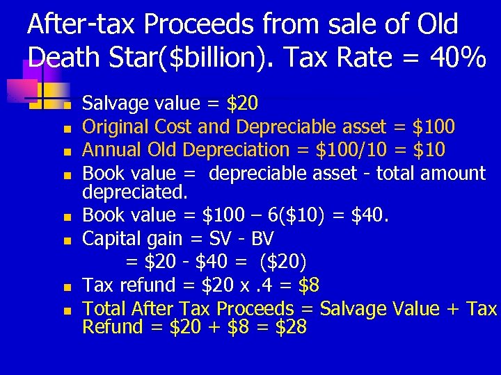 After-tax Proceeds from sale of Old Death Star($billion). Tax Rate = 40% n n