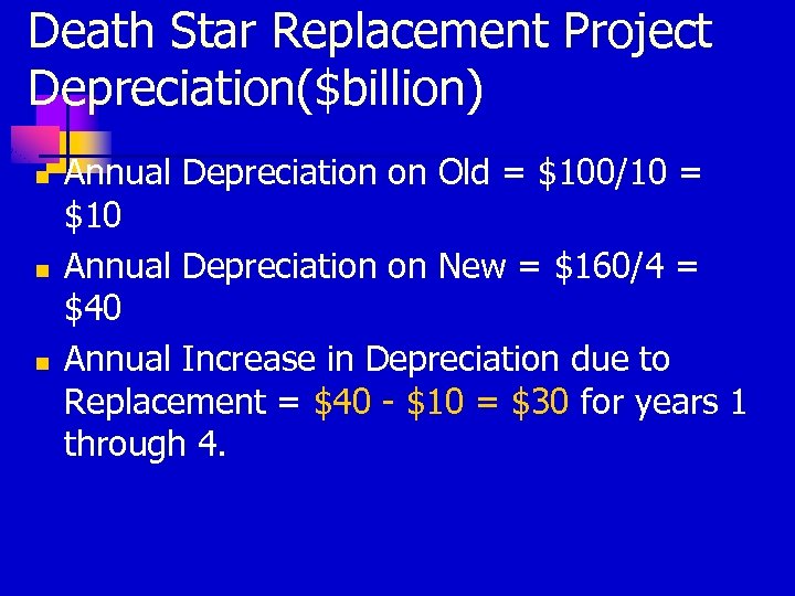 Death Star Replacement Project Depreciation($billion) n n n Annual Depreciation on Old = $100/10