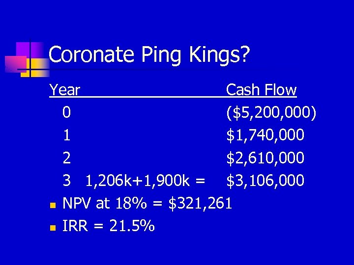 Coronate Ping Kings? Year Cash Flow 0 ($5, 200, 000) 1 $1, 740, 000