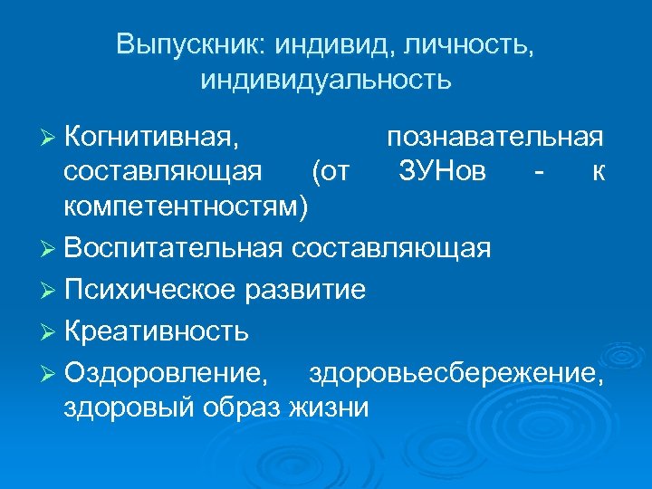 Выпускник: индивид, личность, индивидуальность Ø Когнитивная, познавательная ЗУНов к составляющая (от компетентностям) Ø Воспитательная