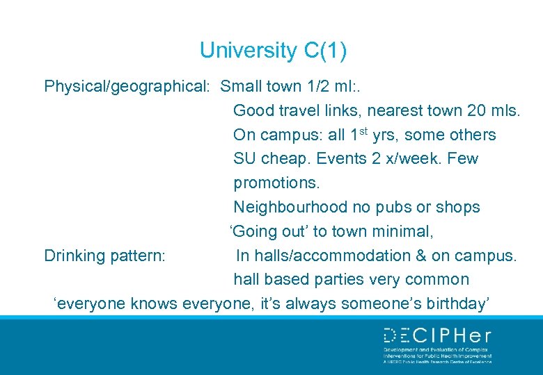 University C(1) Physical/geographical: Small town 1/2 ml: . Good travel links, nearest town 20
