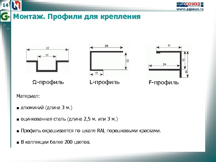 14 Монтаж. Профили для крепления Ω-профиль L-профиль F-профиль Материал: ■ алюминий (длина 3 м.