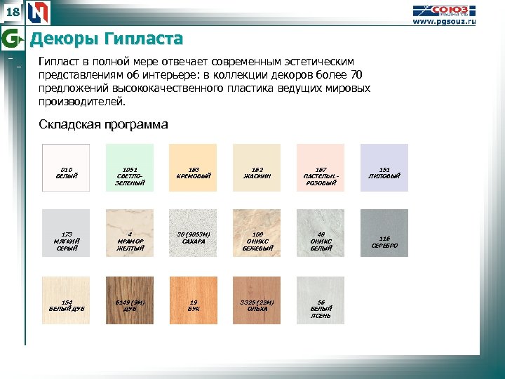 18 Декоры Гипласта Гипласт в полной мере отвечает современным эстетическим представлениям об интерьере: в