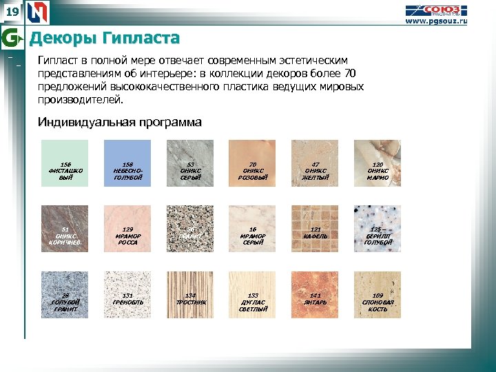 19 Декоры Гипласта Гипласт в полной мере отвечает современным эстетическим представлениям об интерьере: в