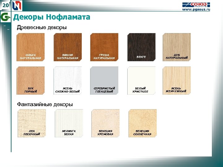 20 Декоры Нофламата Древесные декоры ОЛЬХА НАТУРАЛЬНАЯ ВИШНЯ НАТУРАЛЬНАЯ ГРУША НАТУРАЛЬНАЯ БУК ГОРНЫЙ ЯСЕНЬ